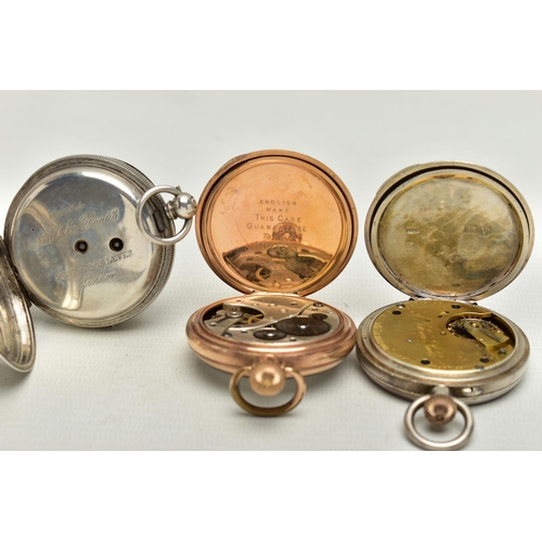 59 - THREE OPEN FACE POCKET WATCHES, the first a manual wind silver pocket watch, white dial rubbed marki... 