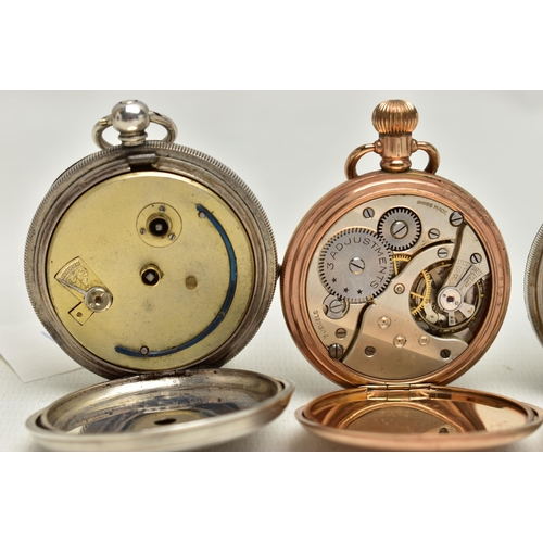 59 - THREE OPEN FACE POCKET WATCHES, the first a manual wind silver pocket watch, white dial rubbed marki... 