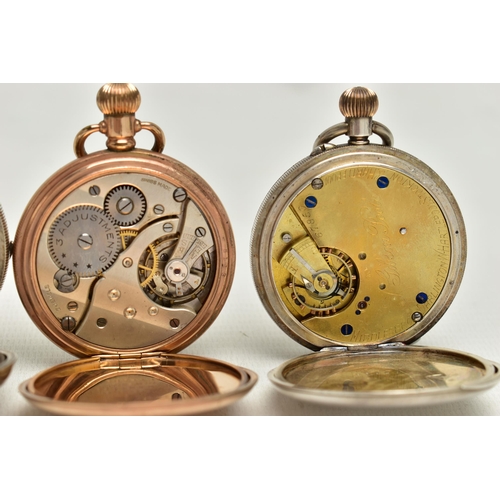 59 - THREE OPEN FACE POCKET WATCHES, the first a manual wind silver pocket watch, white dial rubbed marki... 