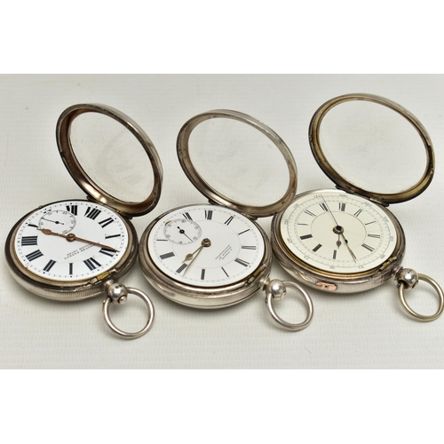 60 - THREE SILVER OPEN FACE POCKET WATCHES, the first a key wound movement, white dial signed 'A.White Ol... 