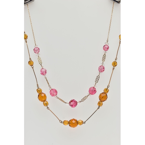 74 - TWO PASTE SET NECKLACES, the first set with faceted pink paste interspaced with colourless paste, fi... 