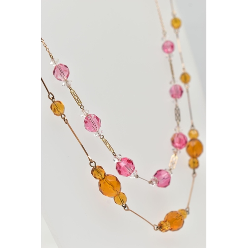 74 - TWO PASTE SET NECKLACES, the first set with faceted pink paste interspaced with colourless paste, fi... 