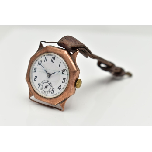 75 - A 9CT ROSE GOLD WRISTWATCH, manual wind, round white dial, Arabic numerals, subsidiary dial at the s... 