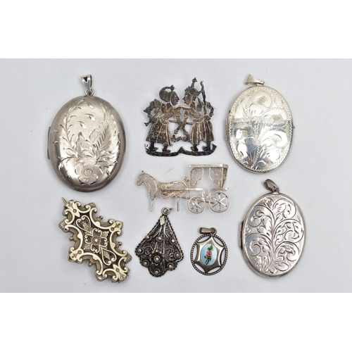 84 - A BOX OF SILVER AND WHITE  METAL JEWELLERY, to include a small white metal guilloche enamel pendant,... 