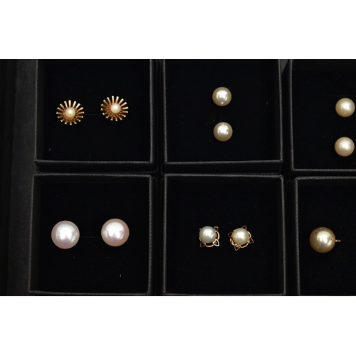 87 - A BOX OF ASSORTED EARRINGS, nine pairs in total, to include seven pairs of cultured pearl stud earri... 