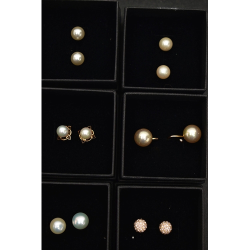 87 - A BOX OF ASSORTED EARRINGS, nine pairs in total, to include seven pairs of cultured pearl stud earri... 