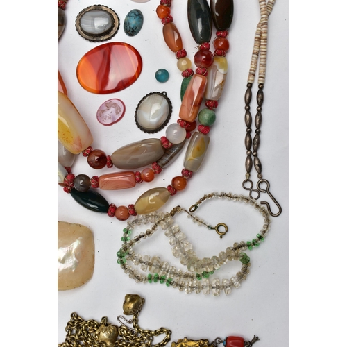 89 - A BAG OF ASSORTED SEMI-PRECIOUS GEMSTONE JEWELLERY, to include a long banded agate, carnelian and av... 