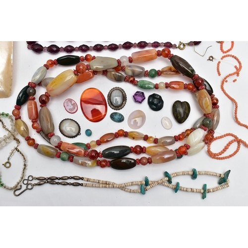 89 - A BAG OF ASSORTED SEMI-PRECIOUS GEMSTONE JEWELLERY, to include a long banded agate, carnelian and av... 