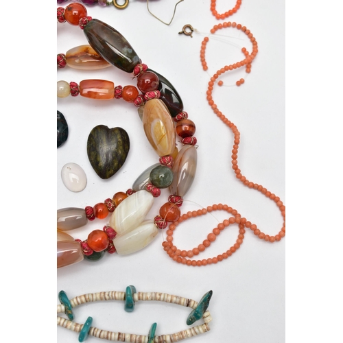 89 - A BAG OF ASSORTED SEMI-PRECIOUS GEMSTONE JEWELLERY, to include a long banded agate, carnelian and av... 