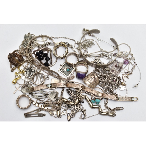 93 - A BAG OF ASSORTED WHITE METAL JEWELLERY, to include four silver rings of various designs all hallmar... 