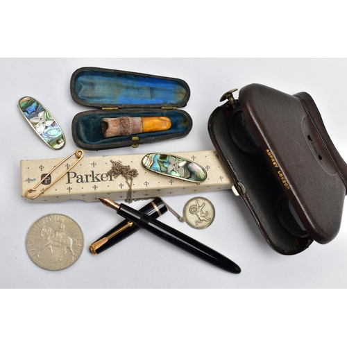 94 - A PAIR OF 'ASPREY LONDON' OPERA GLASSES, AMBER CHEROOT AND OTHER ITEMS, a pair of folding opera glas... 