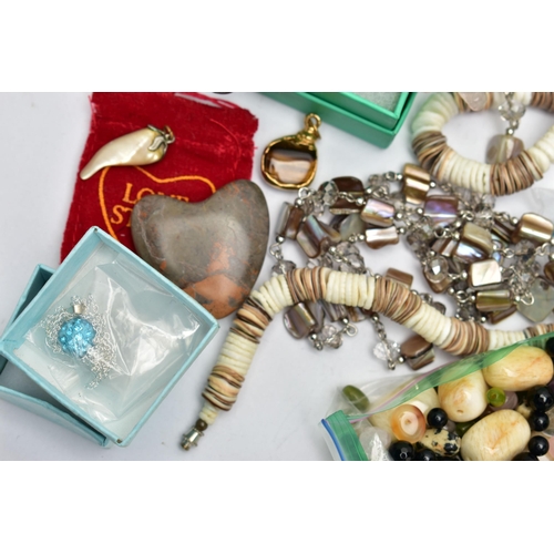 95 - A SMALL BAG OF JEWELLERY AND BEADS, to include a pair of white metal butterfly drop earrings, with f... 