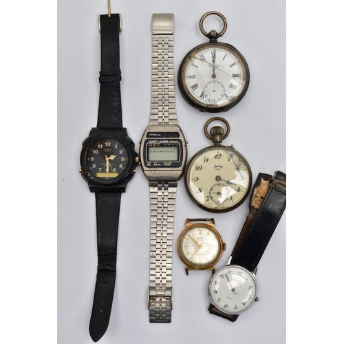 96 - FOUR WATCHES AND TWO POCKET WATCHES, to include a gents 'Sekonda 23 jewels' fitted with a worn black... 