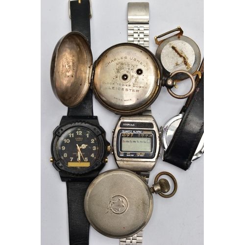 96 - FOUR WATCHES AND TWO POCKET WATCHES, to include a gents 'Sekonda 23 jewels' fitted with a worn black... 