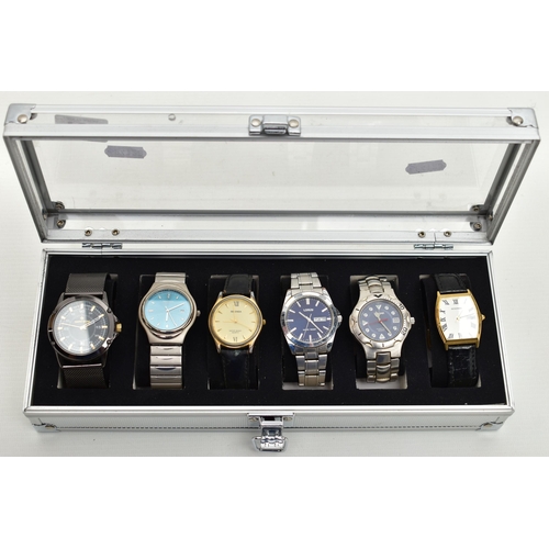 105 - A WATCH DISPLAY BOX WITH WATCHES, six storage case with six gents wristwatches, to include three Sek... 