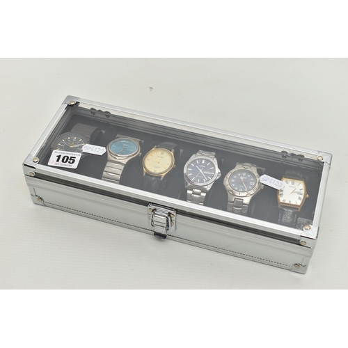 105 - A WATCH DISPLAY BOX WITH WATCHES, six storage case with six gents wristwatches, to include three Sek... 