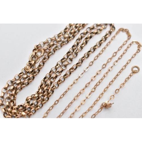 109 - A YELLOW METAL BELCHER CHAIN AND A BROKEN CHAIN, belcher chain fitted with a 9ct tag, and spring cla... 