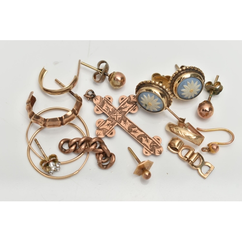 110 - A SMALL BAG OF JEWELLERY, to include a rose gold cross pendant, hallmarked 9ct Birmingham, a pair of... 