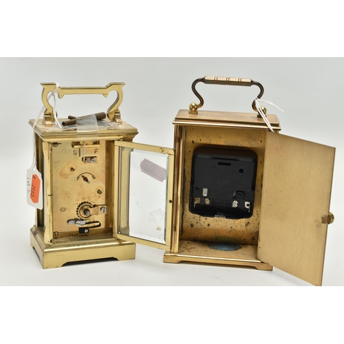 112 - TWO CARRIAGE CLOCKS, to include a 'Deacon, Swindon' carriage clock, personal engraving to the top re... 