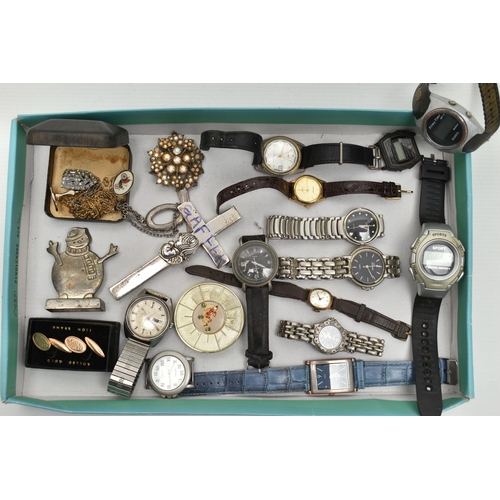 118 - A BOX OF ASSORTED WRISTWATCHES AND OTHER ITEMS, thirteen wristwatches, names to include Lamar De Lux... 