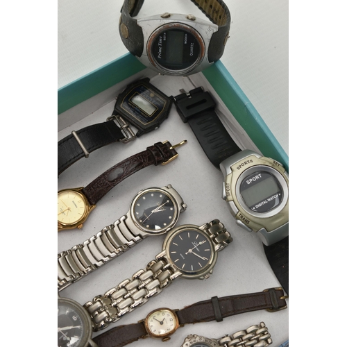 118 - A BOX OF ASSORTED WRISTWATCHES AND OTHER ITEMS, thirteen wristwatches, names to include Lamar De Lux... 