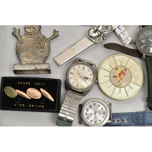 118 - A BOX OF ASSORTED WRISTWATCHES AND OTHER ITEMS, thirteen wristwatches, names to include Lamar De Lux... 