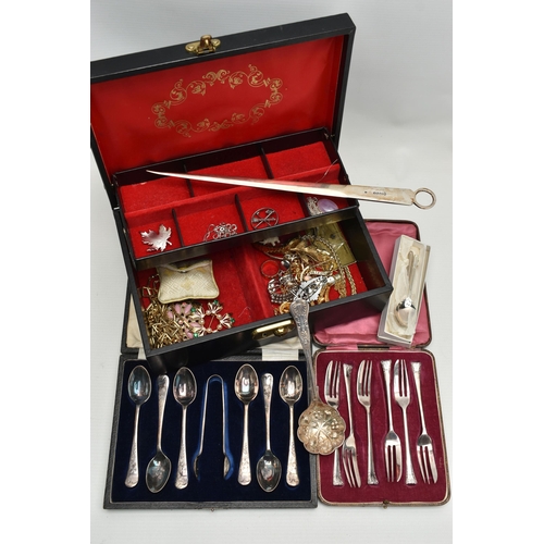 121 - A BOX OF SILVER, COSTUME JEWELLERY AND OTHER ITEMS, to include a silver and gem set bracelet and pen... 