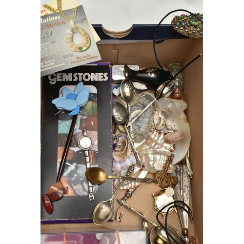 126 - A BOX OF ASSORTED ITEMS, to include a small quantity of gemstone specimens such as a rose quartz pol... 