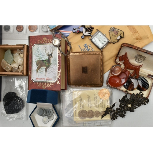 126 - A BOX OF ASSORTED ITEMS, to include a small quantity of gemstone specimens such as a rose quartz pol... 