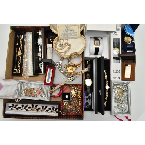 131 - AN ASSORTMENT OF COSTUME JEWELLERY AND WATCHES, to include a 9ct metal core hinged bangle, 'Dmar' im... 