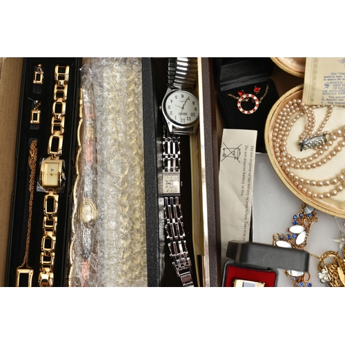 131 - AN ASSORTMENT OF COSTUME JEWELLERY AND WATCHES, to include a 9ct metal core hinged bangle, 'Dmar' im... 