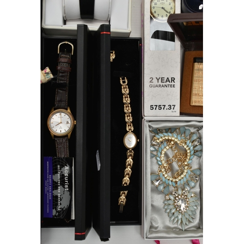 131 - AN ASSORTMENT OF COSTUME JEWELLERY AND WATCHES, to include a 9ct metal core hinged bangle, 'Dmar' im... 