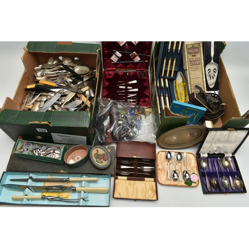 134 - TWO BOXES OF ASSORTED CUTLERY AND COSTUME JEWELLERY, to include a box of assorted loose cutlery, a b... 