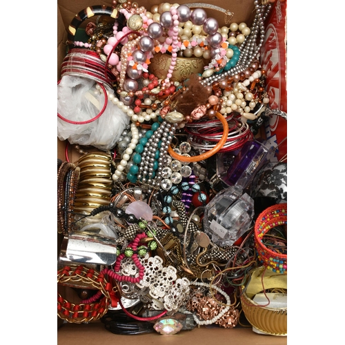 137 - A BOX OF ASSORTED COSTUME JEWELLERY, to include beaded necklaces, bracelets, bangles, earrings, broo... 