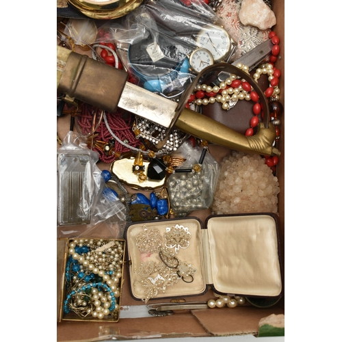 138 - A BOX OF ASSORTED ITEMS, to include various pieces of costume jewellery, various prescription glasse... 