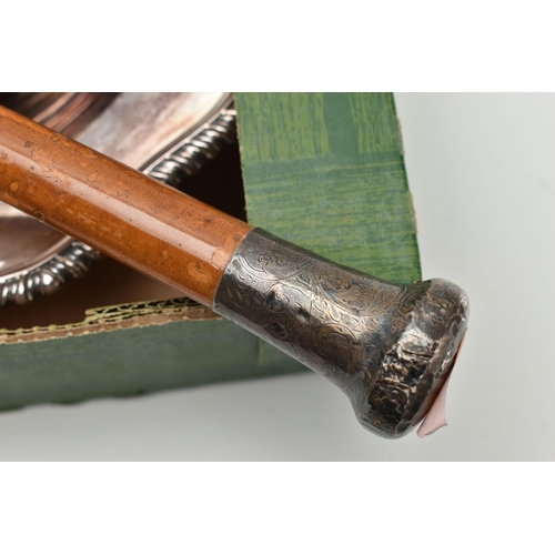 140 - A BOX OF ASSORTED ITEMS, to include walking stick fitted with a silver pommel, hallmarked Birmingham... 