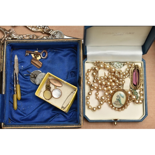 140 - A BOX OF ASSORTED ITEMS, to include walking stick fitted with a silver pommel, hallmarked Birmingham... 