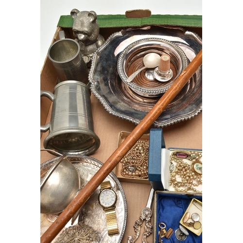 140 - A BOX OF ASSORTED ITEMS, to include walking stick fitted with a silver pommel, hallmarked Birmingham... 