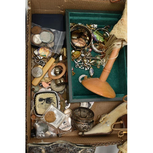 143 - THREE BOXES OF ASSSORTED ITEMS, to include a small green jewellery box with contents of costume jewe... 