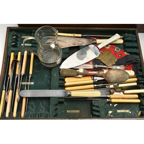 149 - A WOODEN CANTEEN OF CUTLERY AND ASSORTED WHITE METAL WARE, large AF wooden canteen damage and bottom... 