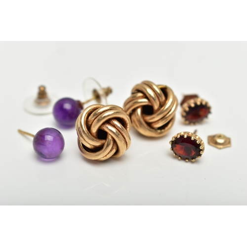 15 - THREE PAIRS OF EARRINGS, to include a pair of yellow metal knot earrings, post and scroll fittings, ... 