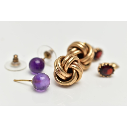 15 - THREE PAIRS OF EARRINGS, to include a pair of yellow metal knot earrings, post and scroll fittings, ... 