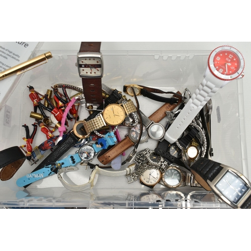 153 - A BOX OF WRISTWATCHES AND ITEMS, to include ladys and gents wristwatches with names to include 'Orki... 