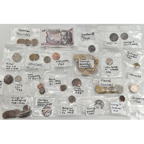 154 - A SMALL BOX CONTAINING MIXED WORLD COINAGE