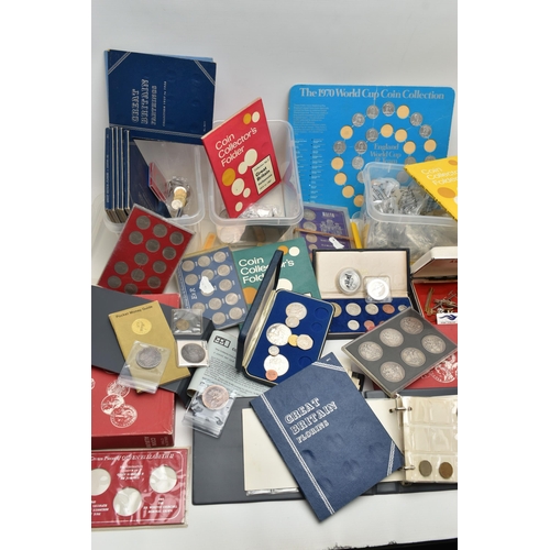 155 - A CARDBOARD BOX CONTAINING COINS AND COMMEMORATIVES, to include a display of six Victoria Crown coin... 