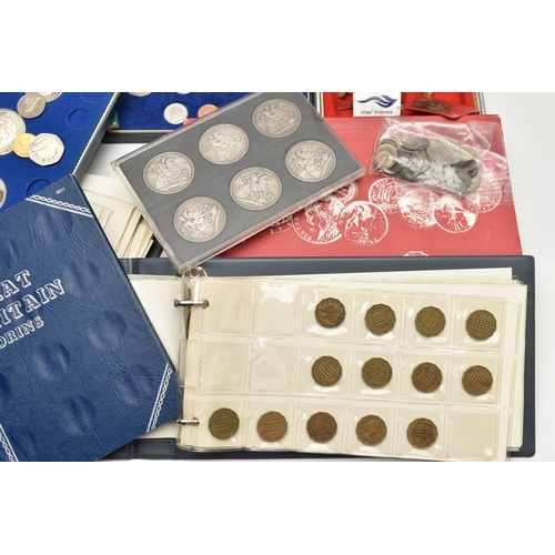 155 - A CARDBOARD BOX CONTAINING COINS AND COMMEMORATIVES, to include a display of six Victoria Crown coin... 