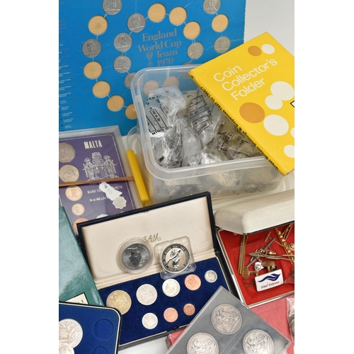 155 - A CARDBOARD BOX CONTAINING COINS AND COMMEMORATIVES, to include a display of six Victoria Crown coin... 