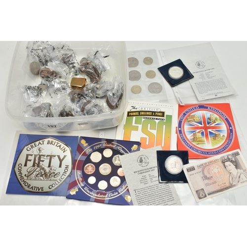 157 - A PLASTIC BOX CONTAINING MAINLY MIXED UK COINAGE, to include a One Ounce 1998 silver Britannia, a sm... 