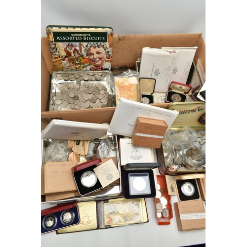 158 - A LARGE BOX CONTAINING WORLD COINAGE, to include several tins with mixed coinage such as Kiribati 19... 