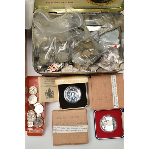 158 - A LARGE BOX CONTAINING WORLD COINAGE, to include several tins with mixed coinage such as Kiribati 19... 